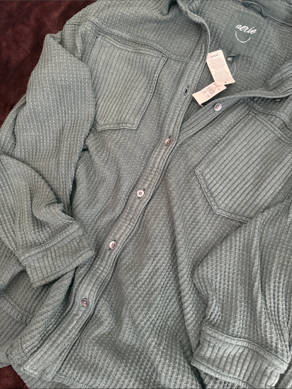 aerie Waffle-Knit Button-Up Shacket in Green - Picture 3 of 3